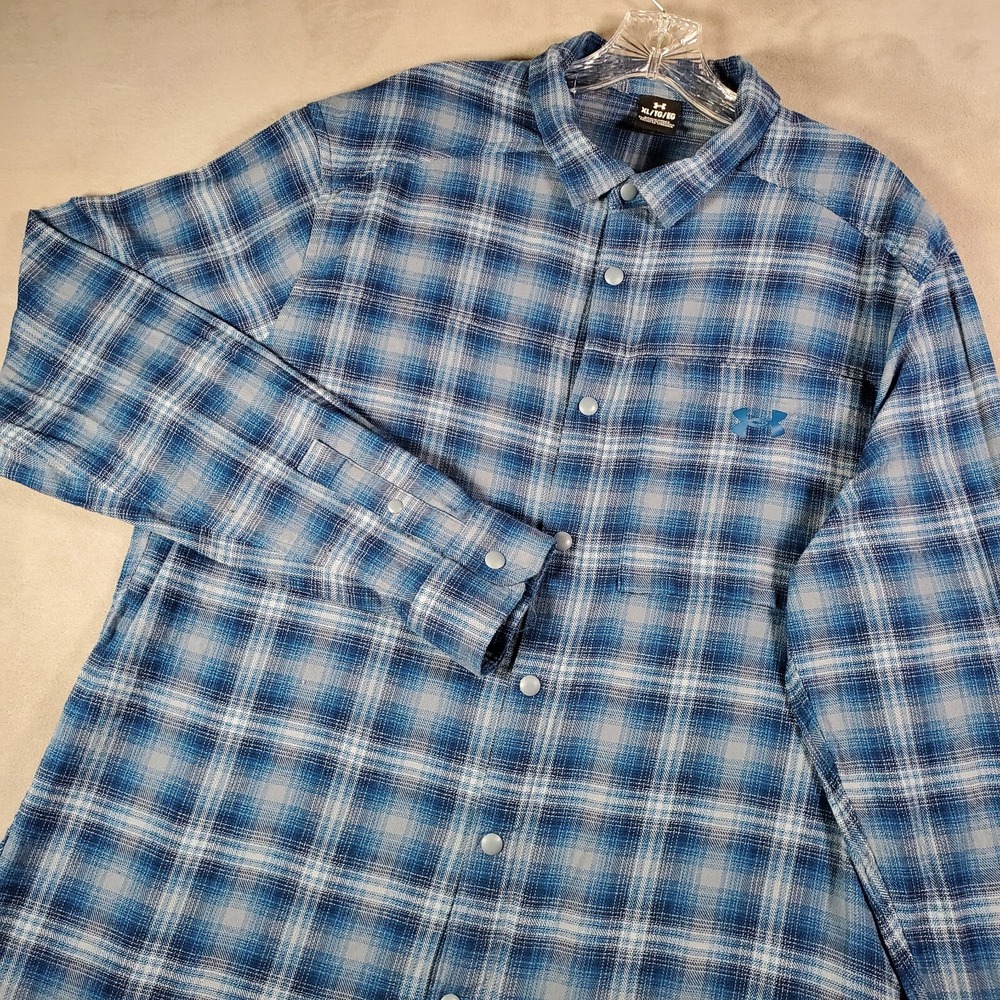 Under Armour‎ Shirt Mens XL Blue Plaid Tradesman Flex Flannel Pearl Snap Hiking